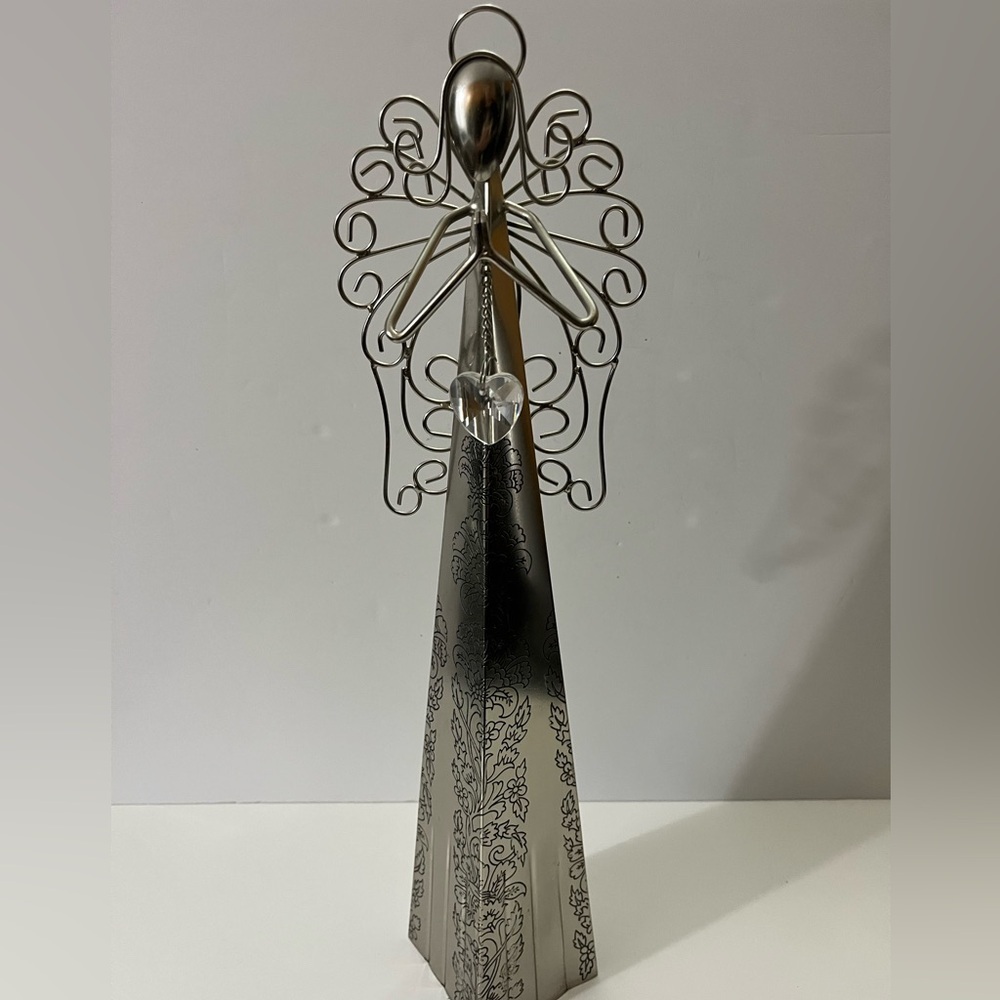 Heavenly Silver Metal Angel Holding a Crystal look Heart, Tall & Elegant Piece